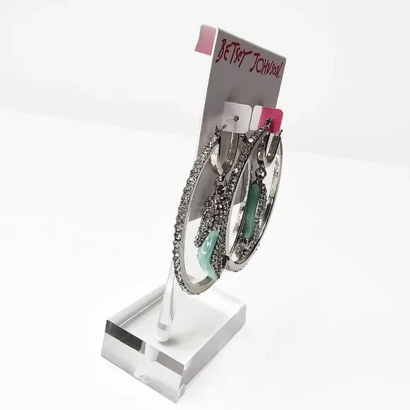 Betsey Johnson High Heel Dangle Hoop Earrings Silver Tone and Rhinestone - Picture 4 of 4